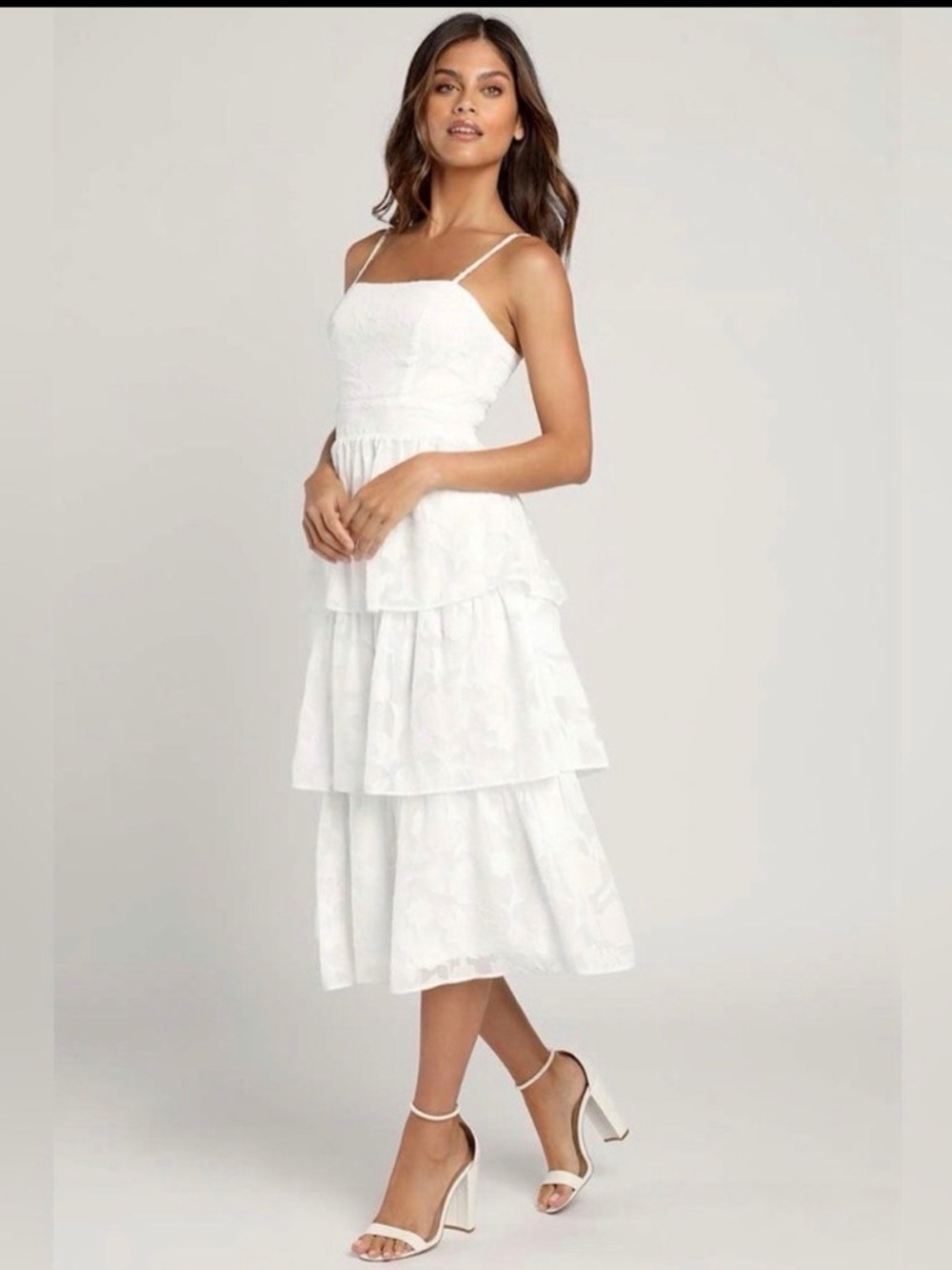 Lulus Grace and Beauty NWOT size Large White Burnout Floral Print Tiered Dress - Picture 14 of 14